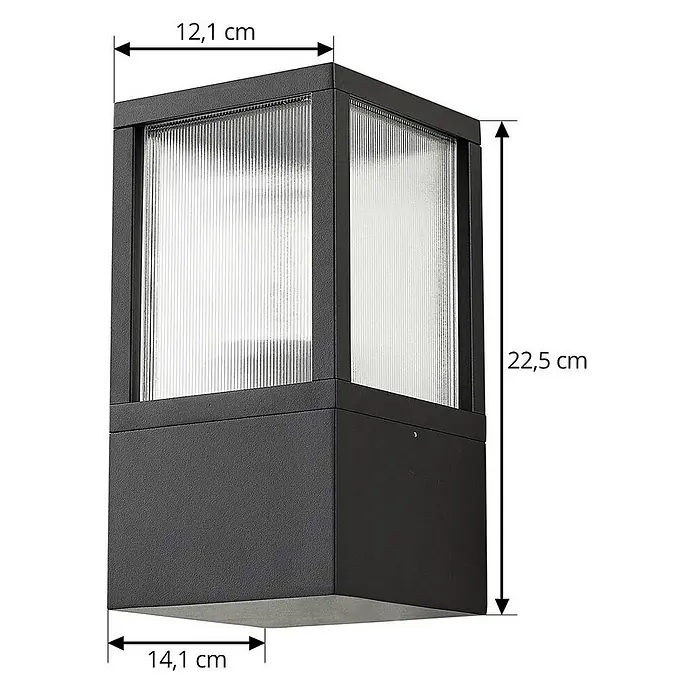 Lucande Außenwandleuchte Klemens - schwarz, schwarz, IP54 - Schwarze rechteckige Außenleuchte mit gerippten Glasscheiben. Maße: 12,1x14,1x22,5 cm.