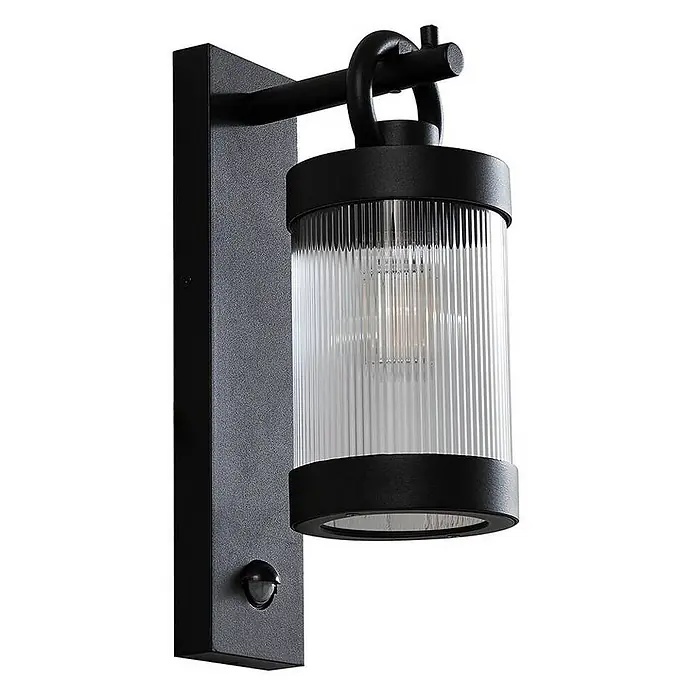 Lindby Außenwandleuchte Yrene - schwarz, schwarz, IP44 - Schwarze Außenwandleuchte mit geripptem Glaszylinder und integriertem Bewegungssensor.