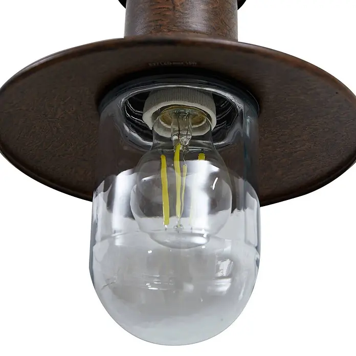 Lindby Außenwandleuchte Eloretta - braun / rost, braun / rost, IP44 - Rustikale braune Metallleuchte mit klarem Glasgehäuse und E27 LED-Glühfadenlampe.