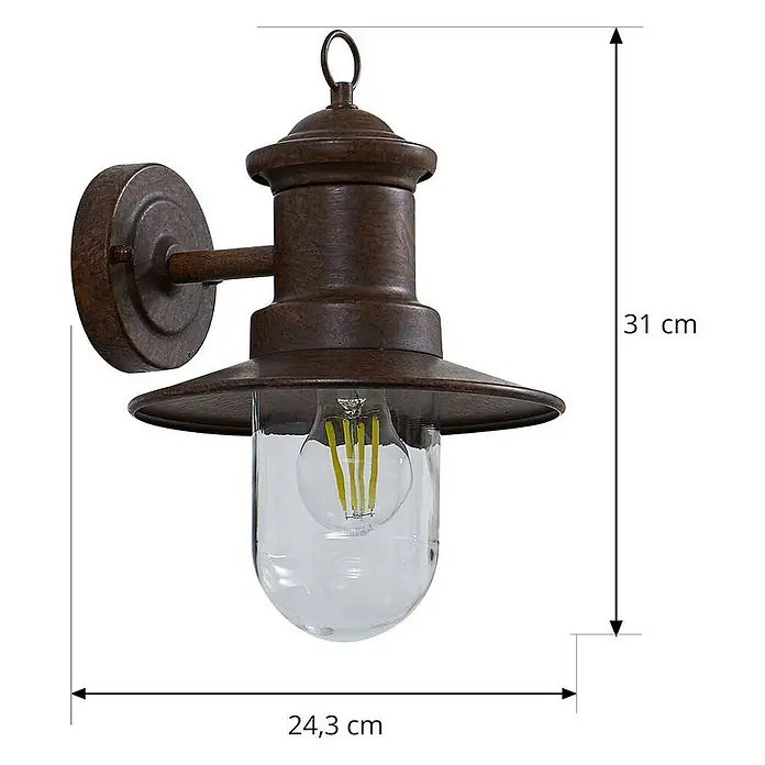 Lindby Außenwandleuchte Eloretta - braun / rost, braun / rost, IP44 - Rustikale Wandleuchte in Antikbronze-Finish mit klarem Glasschirm und sichtbarer LED-Glühfadenlampe.