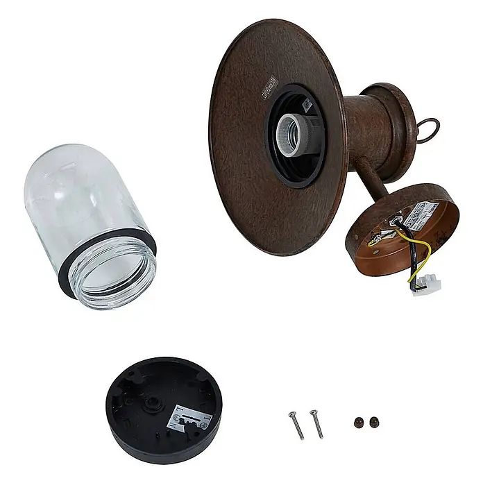 Lindby Außenwandleuchte Eloretta - braun / rost, braun / rost, IP44 - Zerlegte Wandleuchten-Komponenten aus rustikalem braunem Metall und Klarglas mit E27-Fassung, Montagefuß und Schrauben.