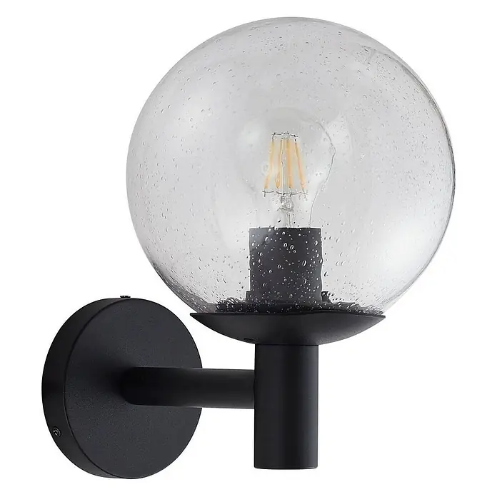 Lindby Außenwandleuchte Dangan - 26,1 x 20 x 28,8 cm, klar / transparent, IP44 - Schwarze Außenwandleuchte mit klarer, blasiger Glaskugel und sichtbarer LED-Glühbirne.