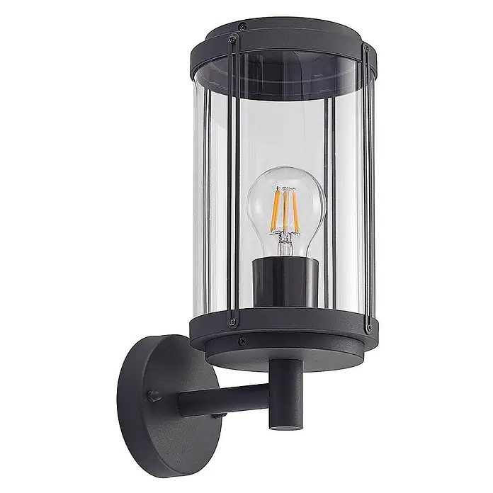 Lindby Außenwandleuchte Ojali - schwarz, IP44 - Schwarze Metall-Außenwandleuchte mit klarem zylindrischem Glasschirm und sichtbarer LED-Filamentlampe.