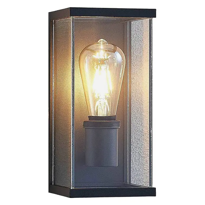Lindby Außenwandleuchte Susanne - 13 x 12 x 25 cm, schwarz, IP44 - Dunkle Metall-Außenwandleuchte mit klarem und strukturiertem Glas, mit leuchtender Glühbirne.