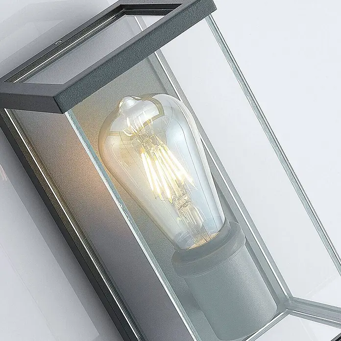 Lindby Außenwandleuchte Susanne - 13 x 12 x 25 cm, schwarz, IP44 - Dunkelgraue Wandleuchte aus Metall mit klaren Glasscheiben und glühendem Edison-LED-Filamentleuchtmittel.