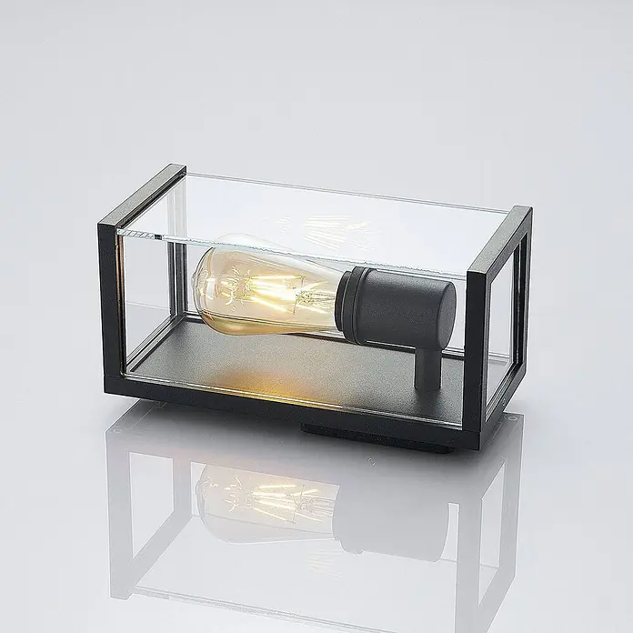 Lindby Außenwandleuchte Susanne - 13 x 12 x 25 cm, schwarz, IP44 - Rechteckige Außenwandleuchte mit schwarzem Metallrahmen, klaren Glasscheiben und sichtbarer Filamentbirne.