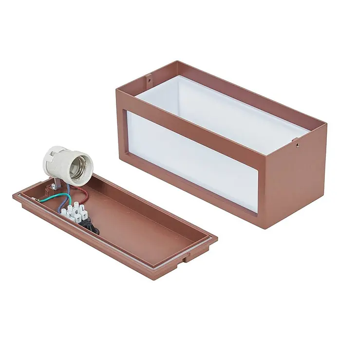 Lucande Außenwandleuchte Bente - braun / rost, braun / rost, IP54 - Zerlegte rechteckige bronzefarbene Außenwandleuchte mit innenliegendem Keramik-Lampenfassung und Verkabelung.