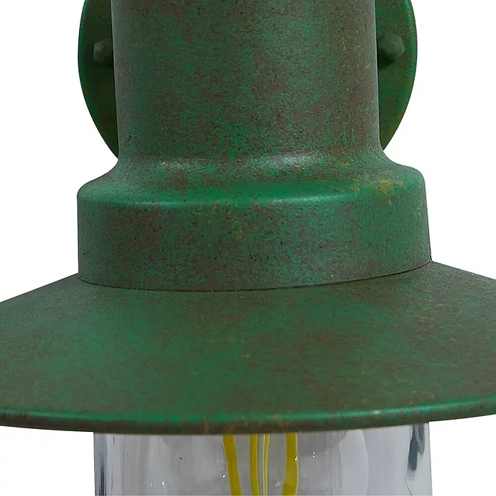 Lindby Wandlampe außen Laterne rustikal grün, Wandleuchte aussen IP44 -  - Verwitterte grüne Metall-Außenwandleuchte mit klarem Glas und sichtbaren gelben Glühfäden.