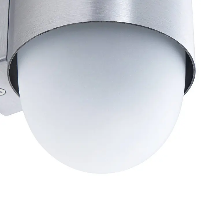 Lindby Außenwandleuchte Pilva - 13,3 x 10,5 x 21,5 cm, alu / grau / zink, weiß / opal, IP44 - Wandleuchte aus gebürstetem Metall mit mattweißem, halbkugelförmigem Diffusor.