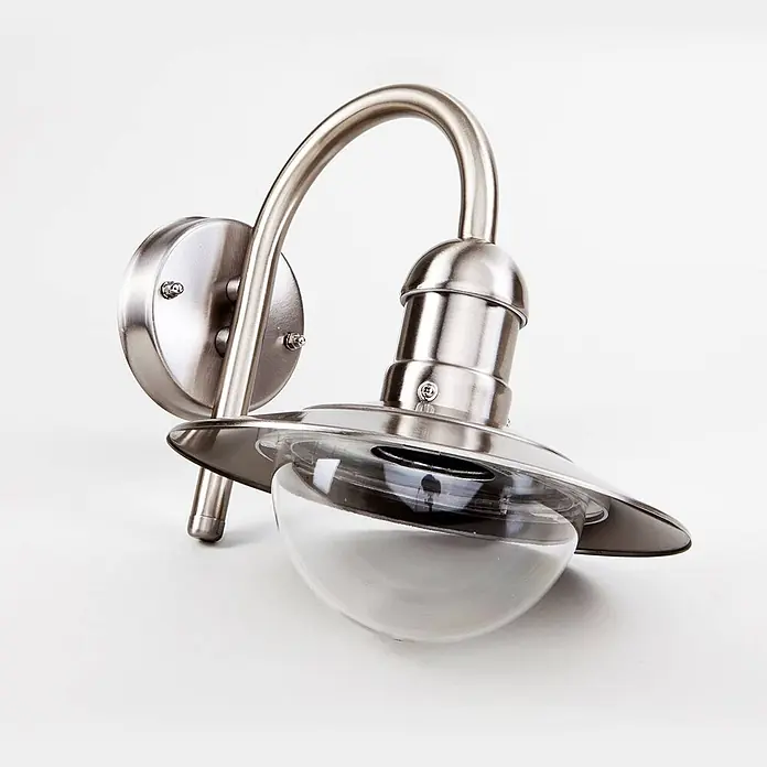 Lindby Außenwandleuchte Damion - alu / grau / zink, IP44 - Wandleuchte aus gebürstetem Nickel mit gebogenem Arm und klarem Glaskugelschirm.