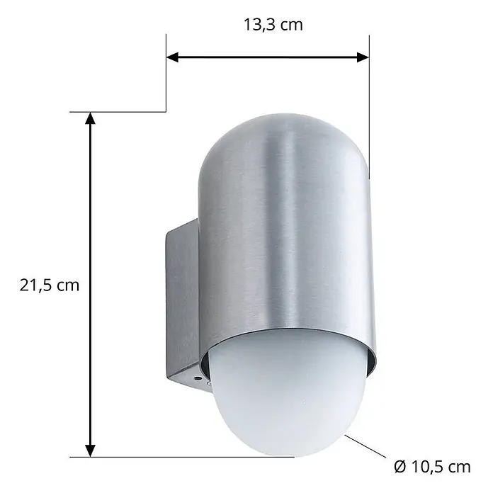Lindby Außenwandleuchte Pilva - 13,3 x 10,5 x 21,5 cm, alu / grau / zink, weiß / opal, IP44 - Wandleuchte aus gebürstetem Metall mit silbernem Gehäuse und weißem, kugelförmigem Diffusor.