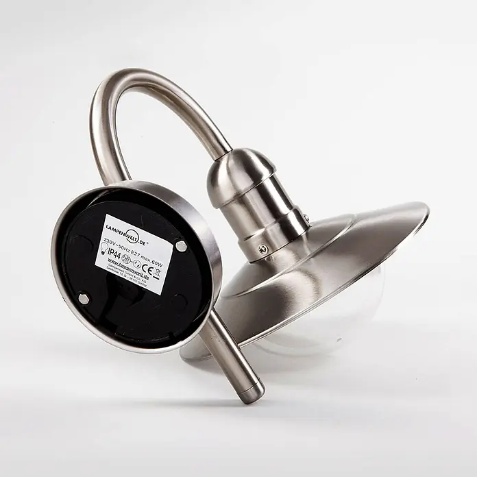Lindby Außenwandleuchte Damion - alu / grau / zink, IP44 - Außenwandleuchte aus gebürstetem Edelstahl mit gebogenem Arm und klarer Glaskugel.