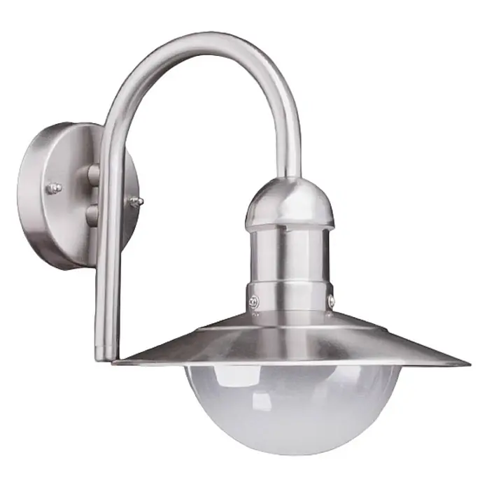 Lindby Außenwandleuchte Damion - alu / grau / zink, IP44 - Gebürstete Nickel-Außenwandleuchte mit Schwanenhalsarm und klarer Kugelschirm.