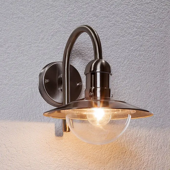 Lindby Außenwandleuchte Damion - alu / grau / zink, IP44 - Außenwandleuchte aus gebürstetem Metall mit klarer Glaskugel, warmes Licht spendend.