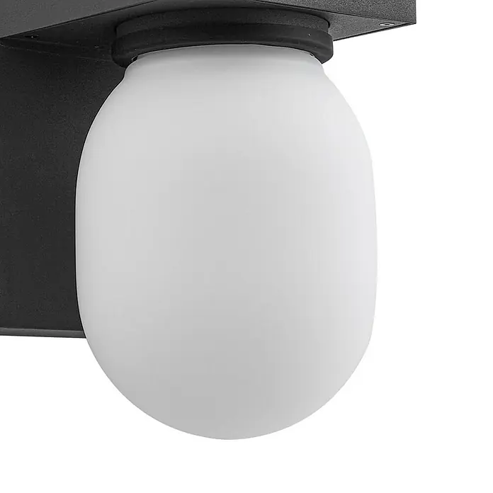 Lucande Außenwandleuchte Ovaali - schwarz, IP65 - Weißer matter ovaler Leuchtdiffusor auf einer dunklen Wandhalterung.