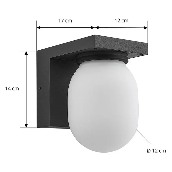 Lucande Außenwandleuchte Ovaali - schwarz, IP65 - Schwarze rechteckige Wandleuchte mit weißem Kugeldiffusor, H 14cm, T 17cm, Ø 12cm.