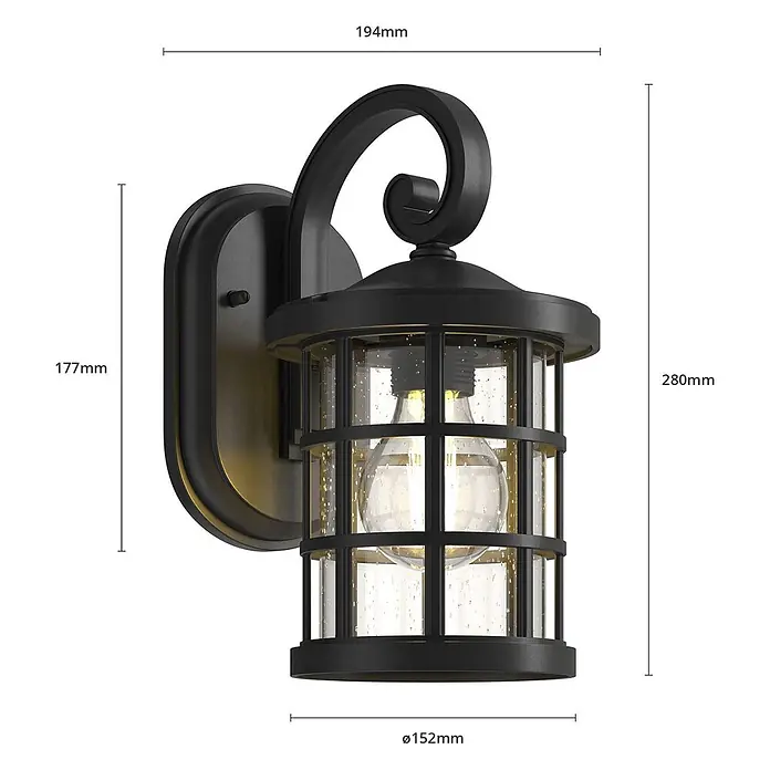 Lindby Außenwandleuchte Ankea - 19,4 x 15,2 x 28 cm, schwarz, IP23 - Schwarze Outdoor-Wandleuchte mit dekorativem Scroll-Arm und Glasgehäuse mit Lufteinschlüssen.