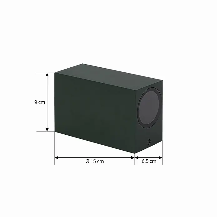 Lindby Außenwandleuchte Fijona - 9 x 6,5 x 15 cm, grün, IP44 - Dunkelgrüne rechteckige Außenwandleuchte, 15x9x6.5 cm, mit runder Lichtöffnung.