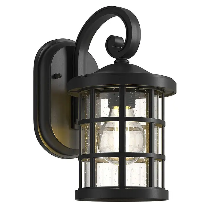 Lindby Außenwandleuchte Ankea - 19,4 x 15,2 x 28 cm, schwarz, IP23 - Schwarze Außenwandleuchte mit geschwungenem Arm und Laternen-Design mit klarem, blasigem Glas und sichtbarer Glühbirne.