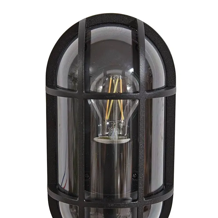 Lucande Außenwandleuchte Serine - schwarz, klar / transparent, IP65 - Schwarze ovale Wandleuchte im Bullaugen-Stil mit Klarglas und sichtbarer LED-Glühbirne.