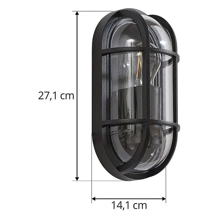 Lucande Außenwandleuchte Serine - schwarz, klar / transparent, IP65 - Schwarze ovale Außenwandleuchte mit Gitter und klarem Glas, 27,1 cm lang und 14,1 cm breit.