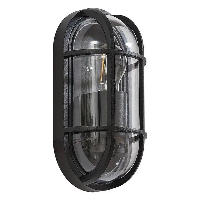 Lucande Außenwandleuchte Serine - schwarz, klar / transparent, IP65 - Schwarze ovale Außenwandleuchte mit Metallgitter und Klarglas, die eine Filamentlampe beherbergt.