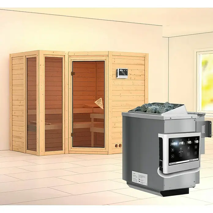 Karibu Massivholzsauna Amara - Mit 9 kW Bio-Ofen mit externer Steuerung, Ohne Dachkranz, L x B x H: 236 x 184 x 200 cm - Saunaofen und Kabine mit Steuerung. Ideal für Entspannung und Wellness zu Hause, bietet dieses Set ein komplettes Saunaerlebnis.