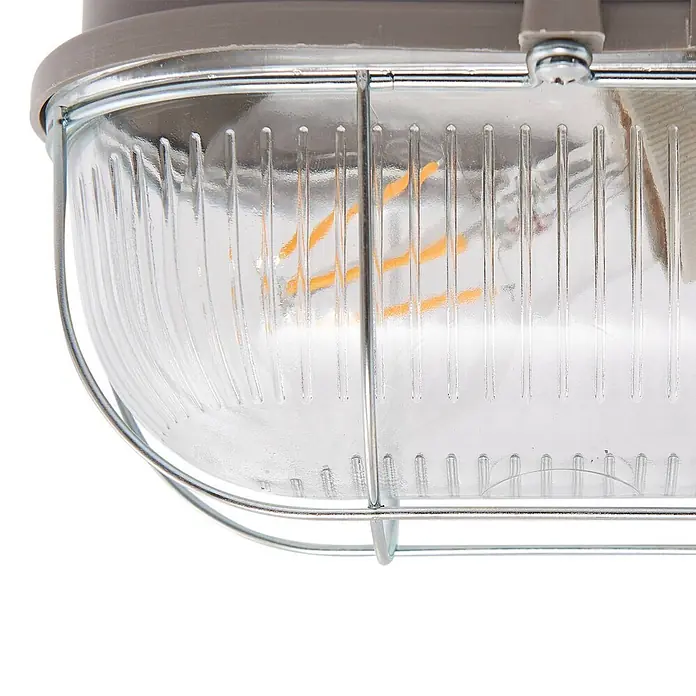 Prios Außenwandleuchte Kirgo - 11,3 x 16 x 12,5 cm, alu / grau / zink, IP44 - Graue Außenleuchte im Industriestil mit geripptem Klarglas, schützendem Metallgitter und orangefarbenem LED-Glühfaden.