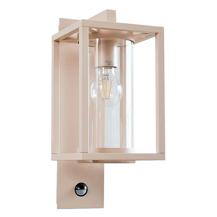 Lucande Außenwandleuchte Ferda - creme / amber, creme / amber, IP44 - Beige Außenwandleuchte mit klarem Glaszylinder, sichtbarer LED-Glühbirne und Bewegungssensor.