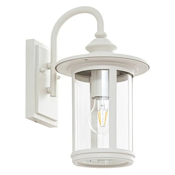 Lindby Außenwandleuchte Zayn - weiß / opal, weiß / opal, IP23 - Weiße Außenwandleuchte mit gebogenem Arm, klarem Glaszylinder und sichtbarer LED-Glühlampe.