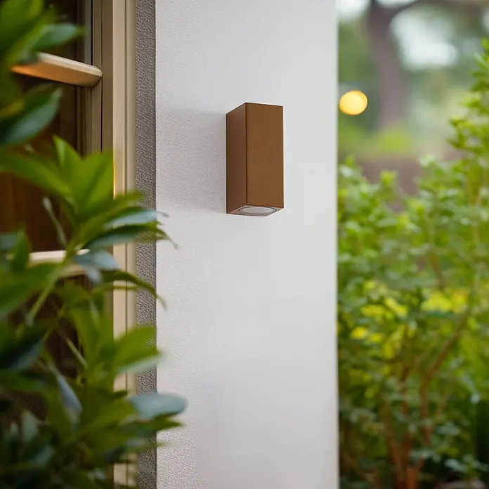 Lucande Außenwandleuchte Xava - braun / rost, IP65 - Rechteckige bronzefarbene Outdoor-Wandleuchte, an einer Wand montiert, die auf- und abwärts leuchtet.