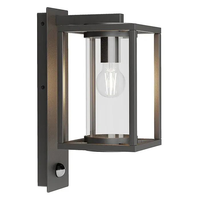Lucande Außenwandleuchte Ferda - 22,6 x 16 x 38 cm, schwarz, schwarz, IP44 - Moderne Außenwandleuchte in Dunkelgrau-Metallic, mit Klarglaszylinder und integriertem Bewegungssensor.