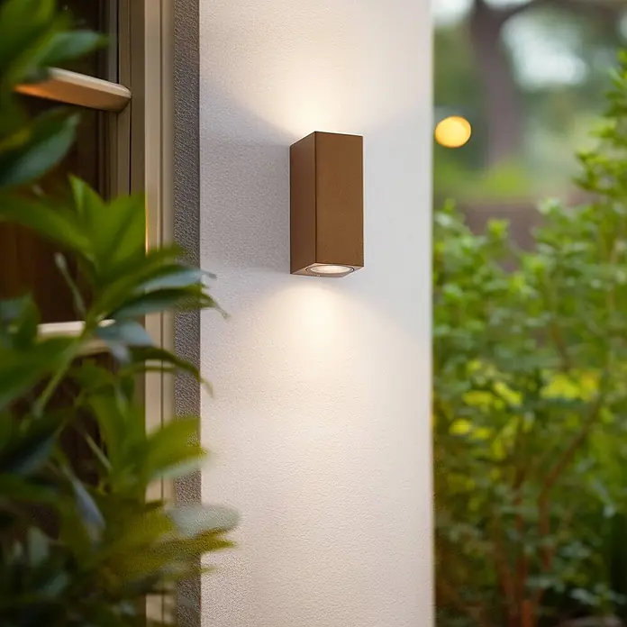 Lucande Außenwandleuchte Xava - braun / rost, IP65 - Rechteckige bronzefarbene Außenwandleuchte, die warmes Licht nach oben und unten wirft und eine Wand im abendlichen Garten beleuchtet.