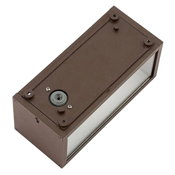 Lindby Außenwandleuchte Robigus - braun / rost, braun / rost, IP54 - Braune, rechteckige Außenwandleuchte aus Metall mit klarem Glas und integriertem Sensor.