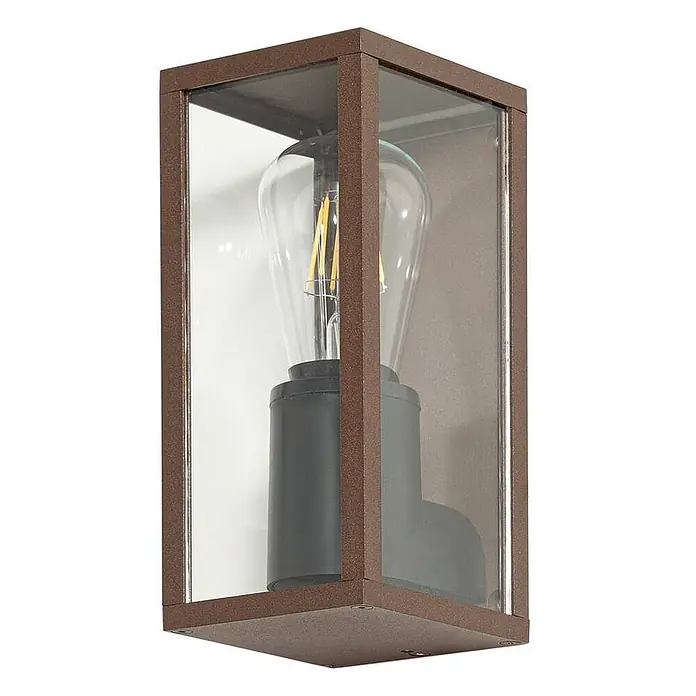 Lindby Außenwandleuchte Robigus - braun / rost, braun / rost, IP54 - Braune rechteckige Außenwandleuchte mit Klarglas und Edison-LED-Birne.