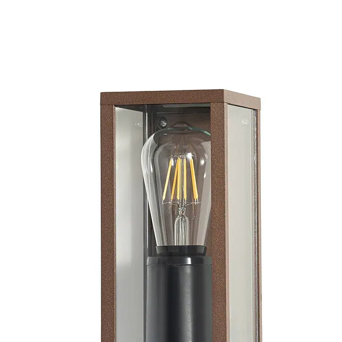 Lindby Außenwandleuchte Robigus - braun / rost, braun / rost, IP54 - Braune rechteckige Außenwandleuchte mit Klarglasscheiben und sichtbarer LED-Glühfadenlampe.