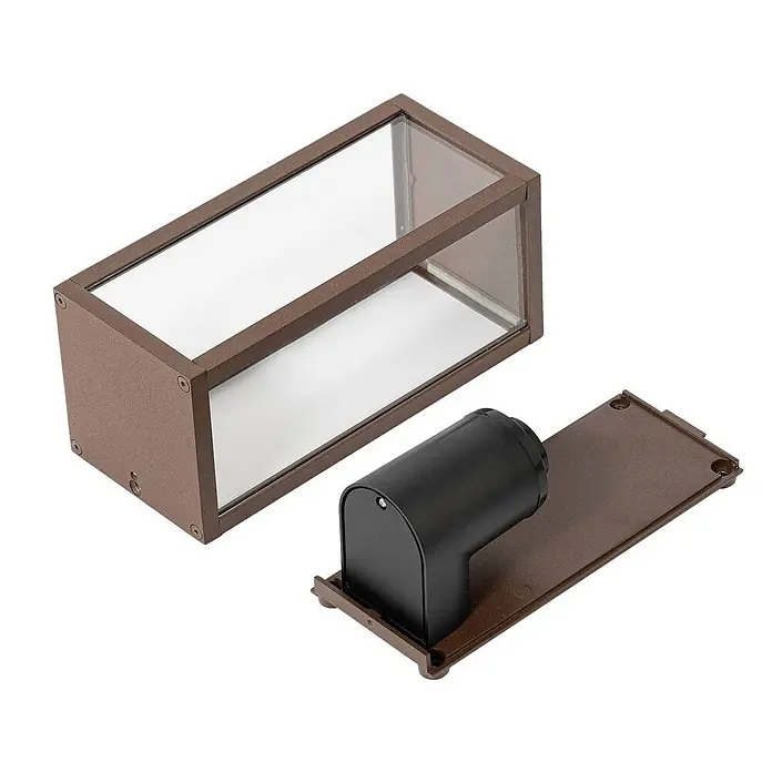 Lindby Außenwandleuchte Robigus - braun / rost, braun / rost, IP54 - Rechteckige Outdoor-Wandleuchte aus Bronze mit Glaspaneelen, zerlegt, zeigt den schwarzen zylindrischen Lichtkörper auf passender Grundplatte.