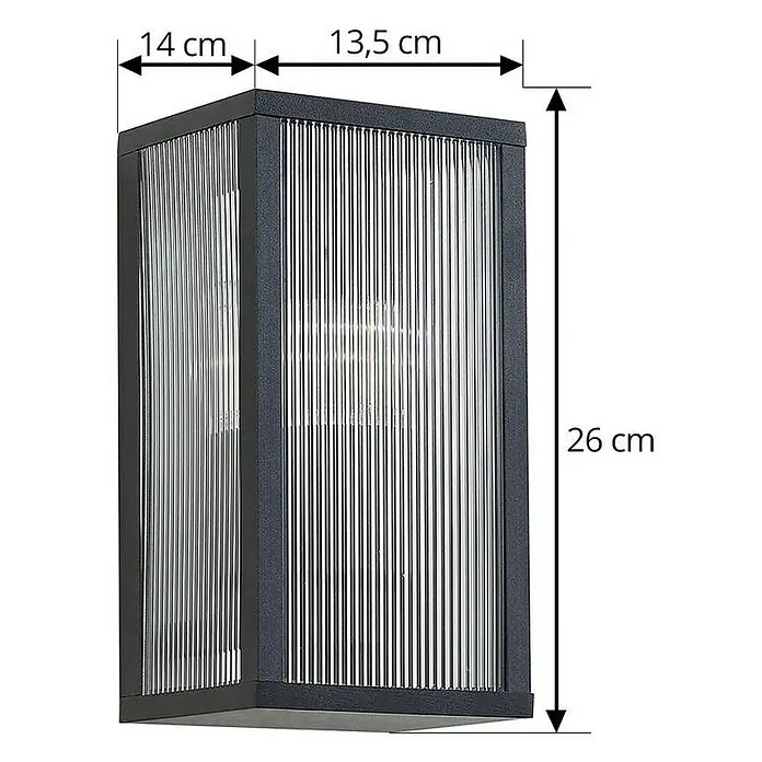 Lindby Außenwandleuchte Peldar - 13,5 x 14 x 26 cm, schwarz, IP44 - Dunkelgraue rechteckige Außenwandleuchte mit geriffeltem Klarglas, H 26 cm, B 13,5 cm, T 14 cm.