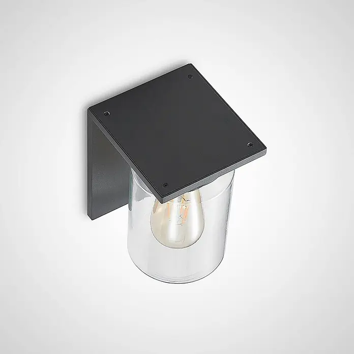 Lucande Außenwandleuchte Semka - schwarz, klar / transparent, IP54 - Schwarze rechteckige Wandleuchte mit klarem Glasschirm und sichtbarer Glühbirne.