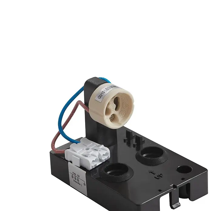 Prios Außenwandleuchte Irfan - 8,9 x 6,8 x 10 cm, schwarz, IP44 - GU10 LED-Lampenfassung mit Keramiksockel, schwarzem Sockel, weißem Stecker und blau/braunen Kabeln, max. 6A/60W.