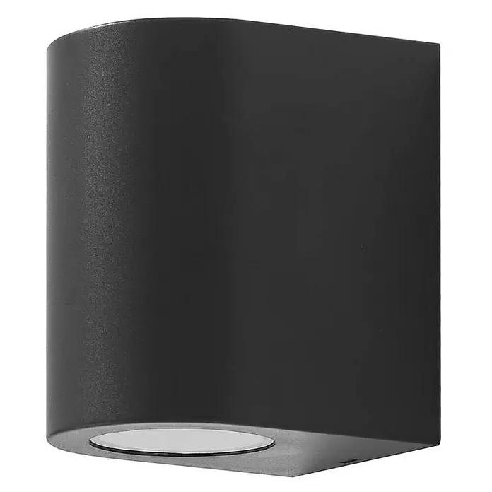 Prios Außenwandleuchte Irfan - 8,9 x 6,8 x 10 cm, schwarz, IP44 - Schwarze, gebogene Wandleuchte mit kreisförmiger Lichtquelle unten.