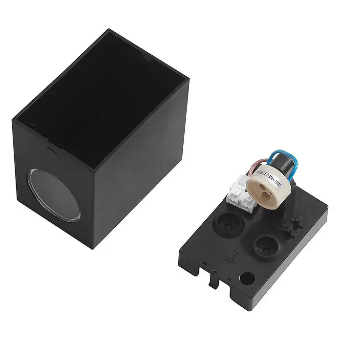 Prios Außenwandleuchte Irfan - 8,9 x 6,8 x 10 cm, schwarz, IP44 - Schwarzes, rechteckiges Aufbauleuchtengehäuse mit interner GU10 LED-Fassung und Verdrahtungskomponenten.