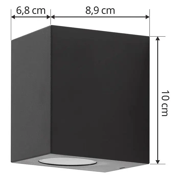 Prios Außenwandleuchte Irfan - 8,9 x 6,8 x 10 cm, schwarz, IP44 - Schwarze rechteckige Wandleuchte, 8,9 cm breit, 6,8 cm tief, 10 cm hoch, mit kreisförmiger Lichtöffnung unten.