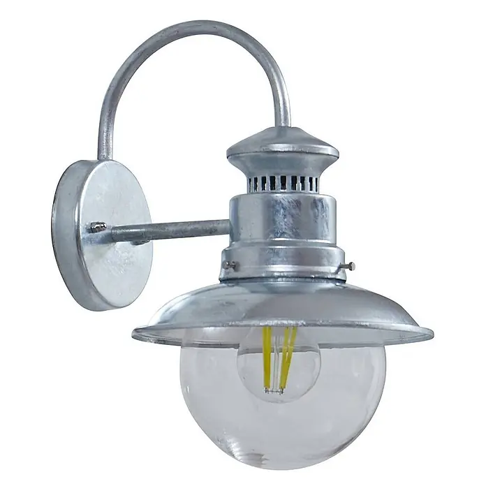 Lindby Außenwandleuchte Celinor - chrom / silber, chrom / silber, IP44 - Wandleuchte aus verzinktem Metall mit Schwanenhals, Kuppelschirm und klarem Glaskolben mit LED-Glühbirne.