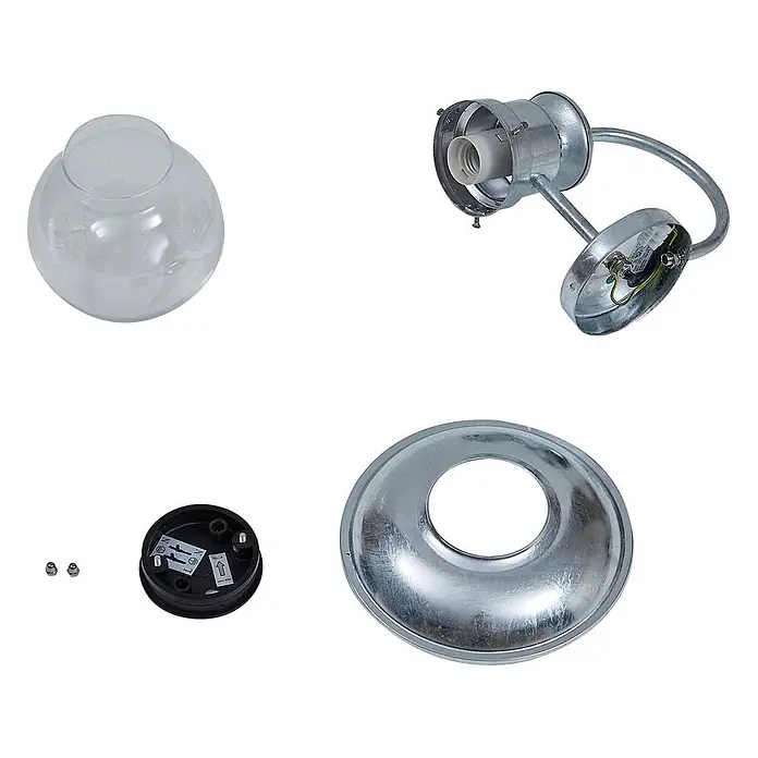 Lindby Außenwandleuchte Celinor - chrom / silber, chrom / silber, IP44 - Zerlegte Außenleuchte: klare Glaskugel, verzinktes Metallgehäuse mit Lampenfassung, Montageplatte und Schrauben.