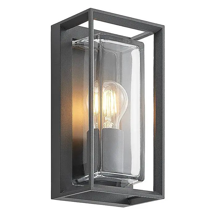 Arcchio Außenwandleuchte Ismera - schwarz, schwarz, IP65 - Anthrazitfarbene rechteckige Außenwandleuchte mit klarem Glasschirm und sichtbarer Vintage-LED-Birne.