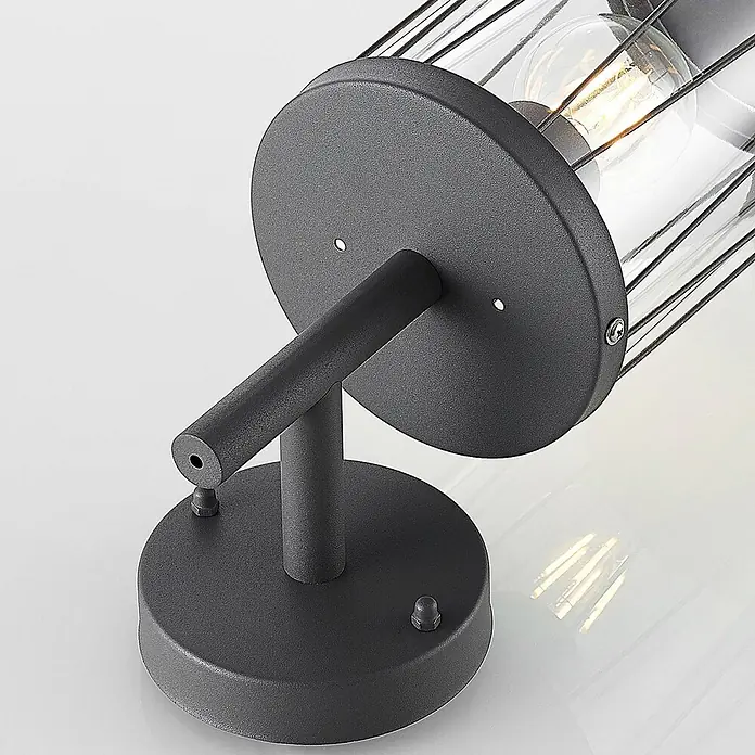 Lindby Außenwandleuchte Yonan - schwarz, schwarz, IP44 - Anthrazitfarbene Außenwandleuchte aus Metall mit klarem Glas und sichtbarer Glühlampe.