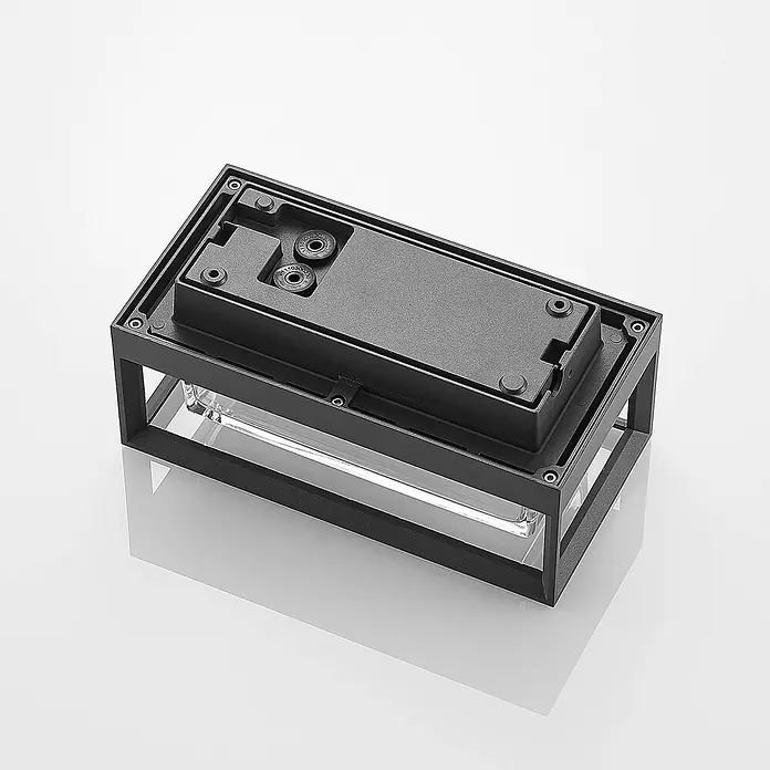 Arcchio Außenwandleuchte Ismera - schwarz, schwarz, IP65 - Schwarze rechteckige LED-Außenleuchte mit klarem Glasdiffusor.