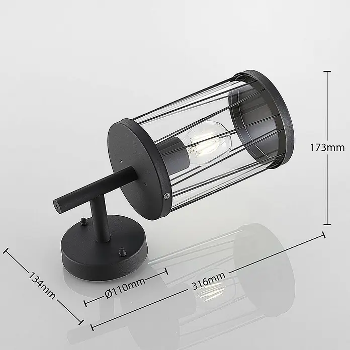 Lindby Außenwandleuchte Yonan - schwarz, schwarz, IP44 - Schwarze Wandleuchte im Industriekäfig-Stil mit klarem Glasschirm und sichtbarer Glühbirne, inkl. Maße.