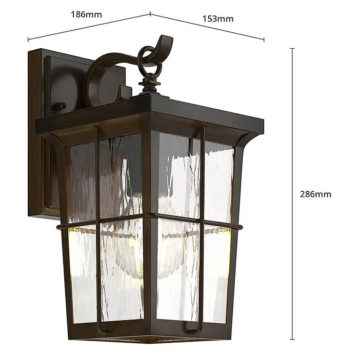 Lindby Außenwandleuchte Charmaine - 18,6 x 15,3 x 28,6 cm, braun / rost, braun / rost, IP23 - Dunkelbronzene Außenwandleuchte mit strukturiertem Glas und rechteckiger Wandplatte.